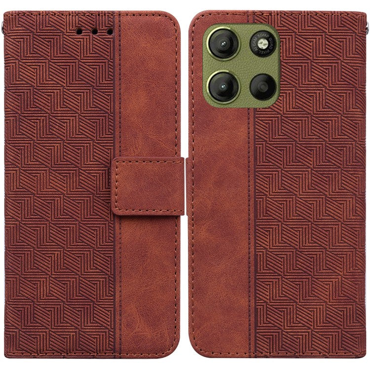 For Motorola Moto G15 4G Case Geometry Pattern Leather Wallet Phone Cover - Brown
