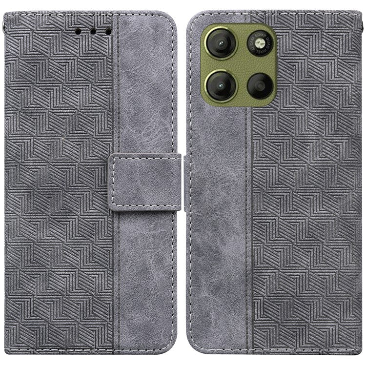 For Motorola Moto G15 4G Case Geometry Pattern Leather Wallet Phone Cover - Grey