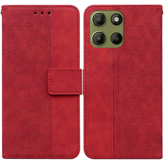For Motorola Moto G15 4G Case Geometry Pattern Leather Wallet Phone Cover - Red