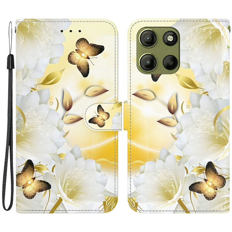 For Motorola Moto G15 4G Wallet Phone Case Anti-Drop Leather Flip Cover Pattern Printing - Gold Butterfly Flower