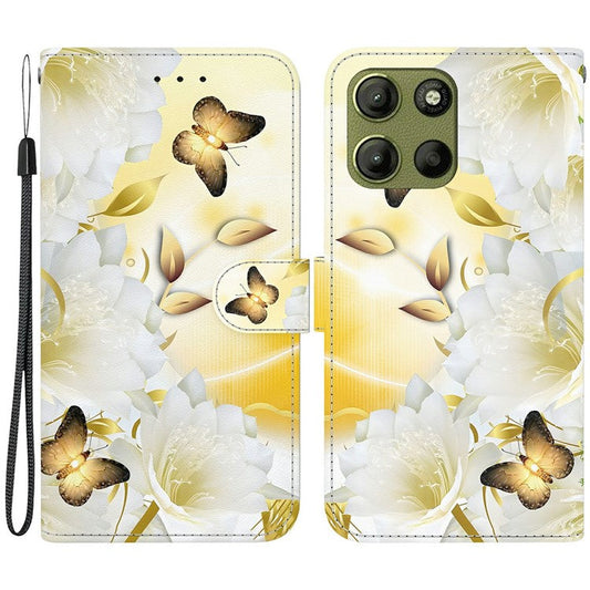 For Motorola Moto G15 4G Wallet Phone Case Anti-Drop Leather Flip Cover Pattern Printing - Gold Butterfly Flower