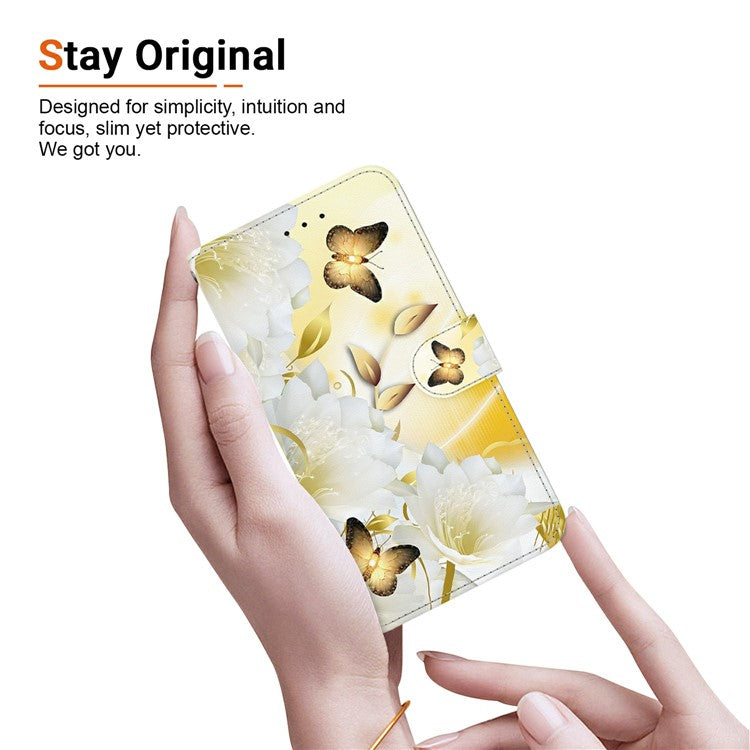 For Motorola Moto G15 4G Wallet Phone Case Anti-Drop Leather Flip Cover Pattern Printing - Gold Butterfly Flower