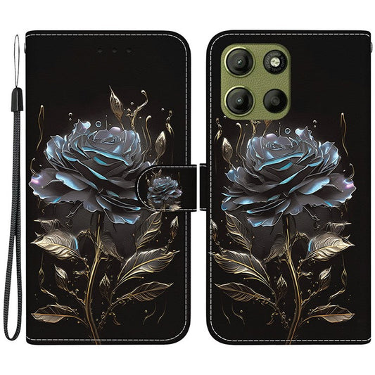 For Motorola Moto G15 4G Wallet Phone Case Anti-Drop Leather Flip Cover Pattern Printing - Black Rose