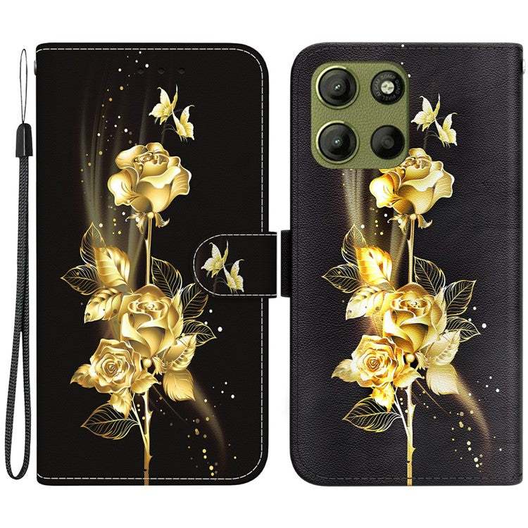 For Motorola Moto G15 4G Wallet Phone Case Anti-Drop Leather Flip Cover Pattern Printing - Gold Butterfly Rose