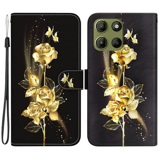 For Motorola Moto G15 4G Wallet Phone Case Anti-Drop Leather Flip Cover Pattern Printing - Gold Butterfly Rose