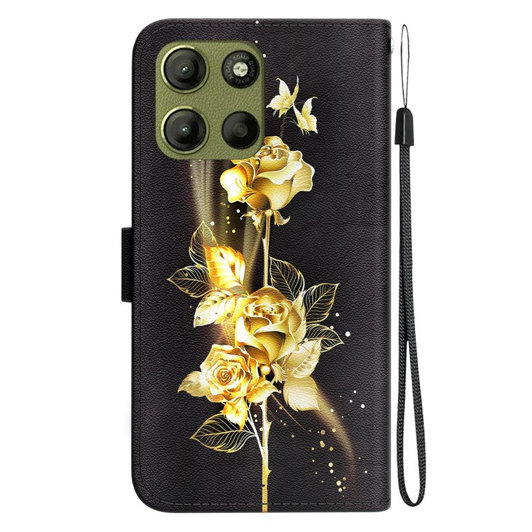 For Motorola Moto G15 4G Wallet Phone Case Anti-Drop Leather Flip Cover Pattern Printing - Gold Butterfly Rose