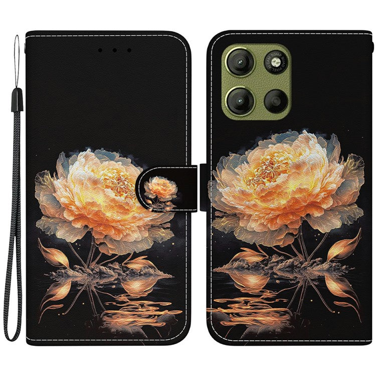 For Motorola Moto G15 4G Wallet Phone Case Anti-Drop Leather Flip Cover Pattern Printing - Gold Peony