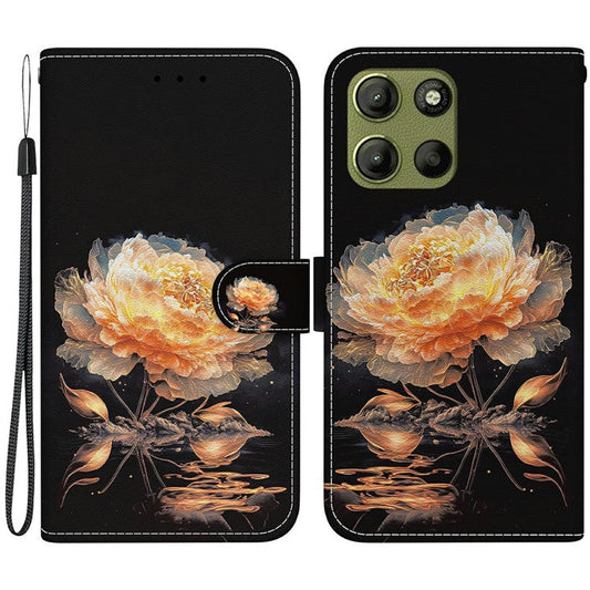 For Motorola Moto G15 4G Wallet Phone Case Anti-Drop Leather Flip Cover Pattern Printing - Gold Peony