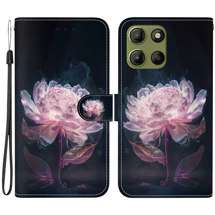 For Motorola Moto G15 4G Wallet Phone Case Anti-Drop Leather Flip Cover Pattern Printing - Purple Peony