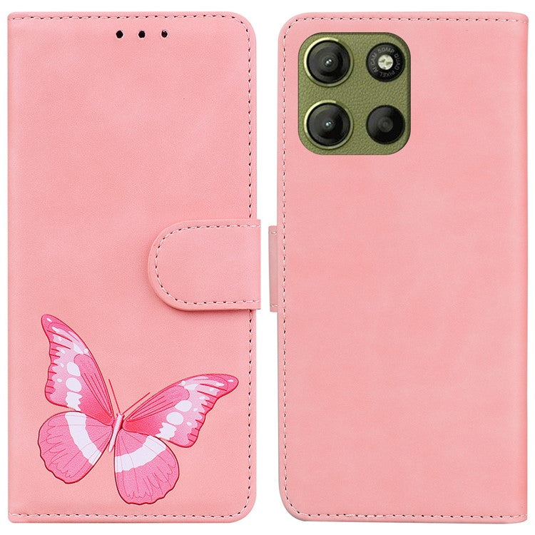 For Motorola Moto G15 4G Stand Case PU Leather Phone Cover Butterfly Printed - Pink