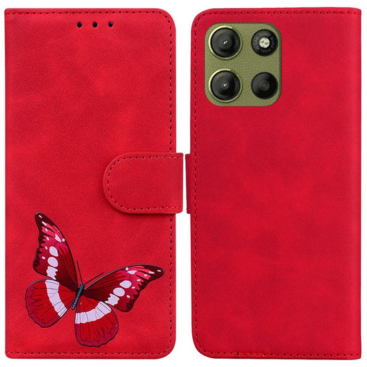 For Motorola Moto G15 4G Stand Case PU Leather Phone Cover Butterfly Printed - Red