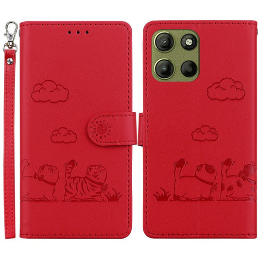 For Motorola Moto G15 4G Case RFID Blocking Kitten Pattern TPU+PU Leather Phone Cover - Red