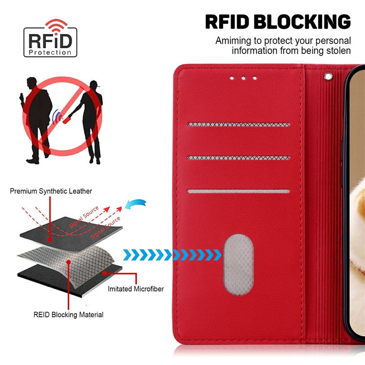 For Motorola Moto G15 4G Case RFID Blocking Kitten Pattern TPU+PU Leather Phone Cover - Red