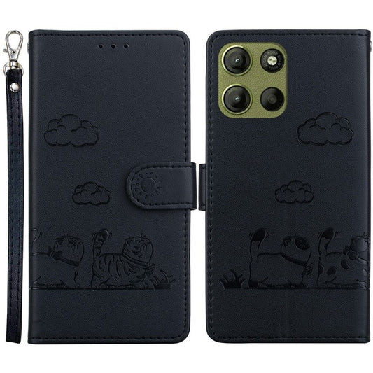 For Motorola Moto G15 4G Case RFID Blocking Kitten Pattern TPU+PU Leather Phone Cover - Black