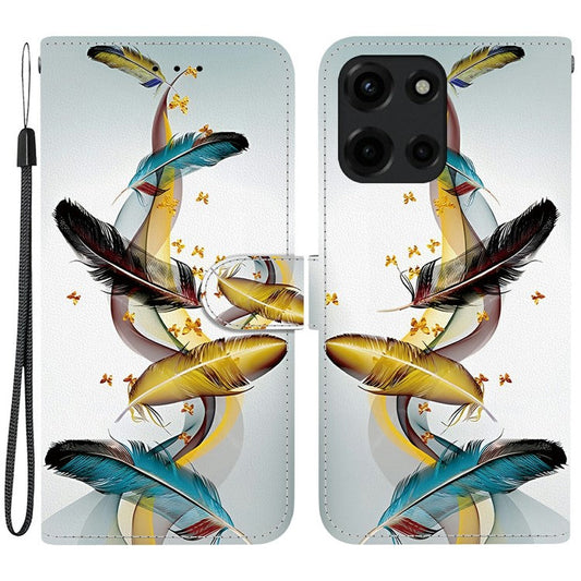 For Motorola Moto G 5G (2025) Case Pattern Printing Anti-Drop Leather Flip Wallet Phone Cover with Lanyard - Golden Butterfly Feather