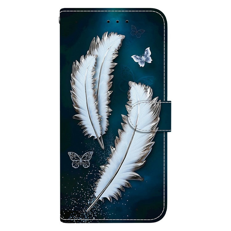 For Motorola Moto G 5G (2025) Case Pattern Printing Anti-Drop Leather Flip Wallet Phone Cover with Lanyard - White Butterfly Feather