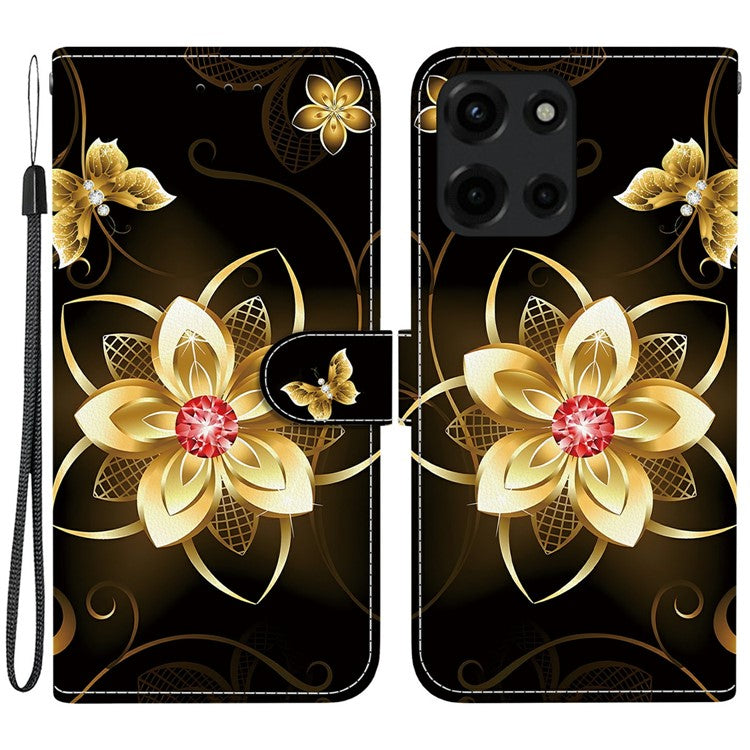 For Motorola Moto G 5G (2025) Case Pattern Printing Anti-Drop Leather Flip Wallet Phone Cover with Lanyard - Golden Flower