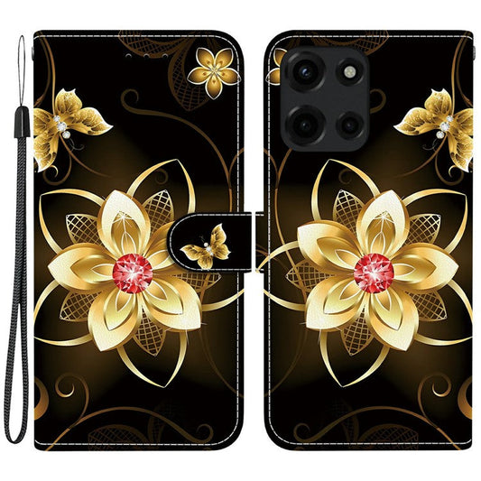 For Motorola Moto G 5G (2025) Case Pattern Printing Anti-Drop Leather Flip Wallet Phone Cover with Lanyard - Golden Flower