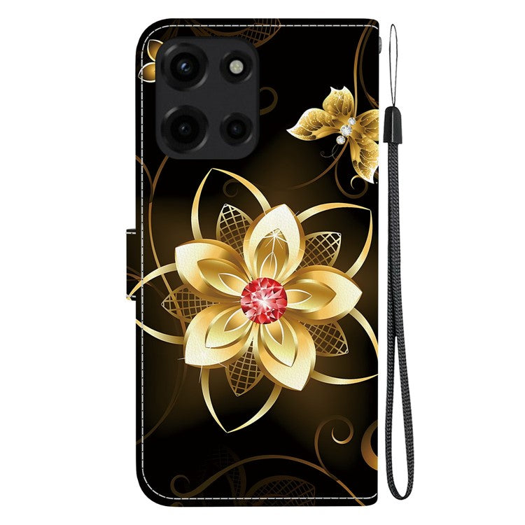 For Motorola Moto G 5G (2025) Case Pattern Printing Anti-Drop Leather Flip Wallet Phone Cover with Lanyard - Golden Flower