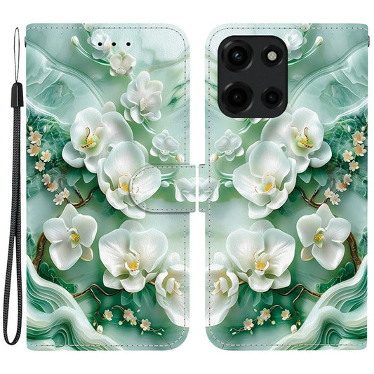 For Motorola Moto G 5G (2025) Case Pattern Printing Anti-Drop Leather Flip Wallet Phone Cover with Lanyard - Jade Flower