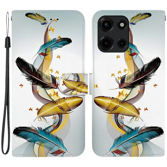 For Motorola Moto G Power (2025) Case Pattern Printing Anti-Drop Leather Flip Wallet Phone Cover with Lanyard - Golden Butterfly Feather