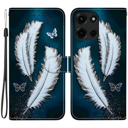 For Motorola Moto G Power (2025) Case Pattern Printing Anti-Drop Leather Flip Wallet Phone Cover with Lanyard - White Butterfly Feather