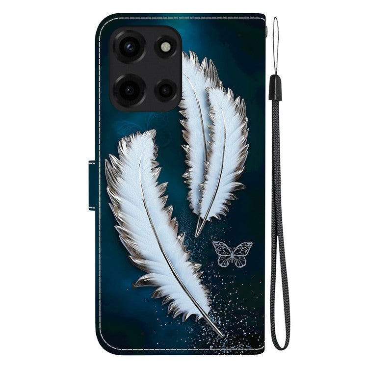 For Motorola Moto G Power (2025) Case Pattern Printing Anti-Drop Leather Flip Wallet Phone Cover with Lanyard - White Butterfly Feather