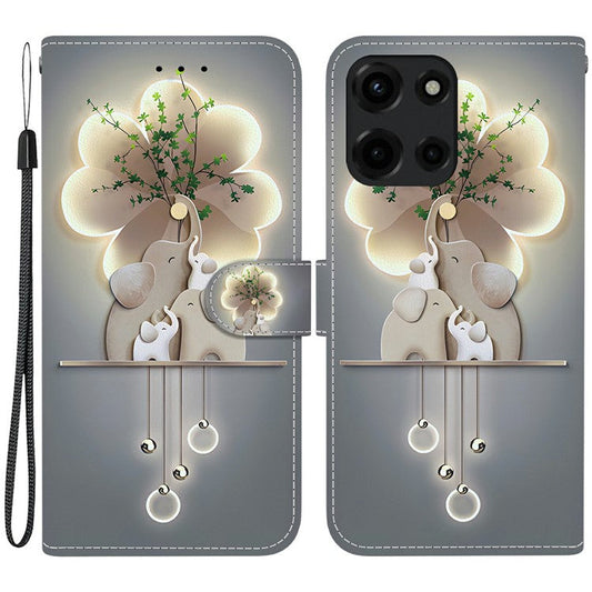 For Motorola Moto G Power (2025) Case Pattern Printing Anti-Drop Leather Flip Wallet Phone Cover with Lanyard - Three Elephants