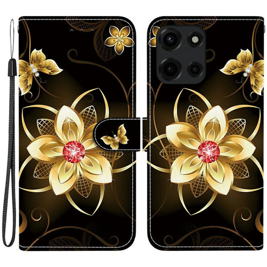 For Motorola Moto G Power (2025) Case Pattern Printing Anti-Drop Leather Flip Wallet Phone Cover with Lanyard - Golden Flower
