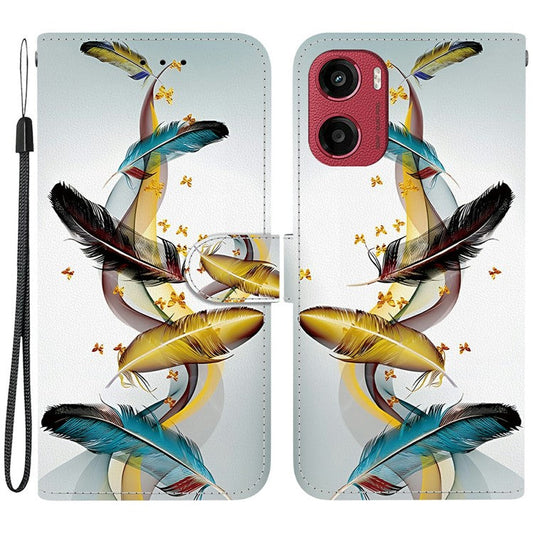 For Motorola Moto G05 4G  /  E15 4G Case Pattern Printing Anti-Drop Leather Flip Wallet Phone Cover with Lanyard - Golden Butterfly Feather