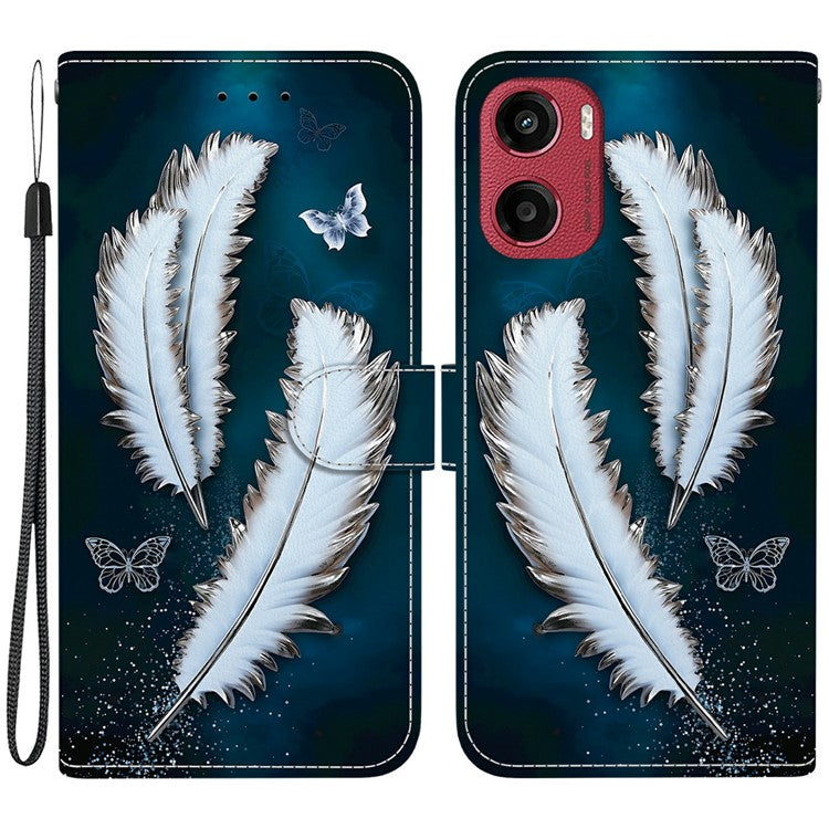For Motorola Moto G05 4G  /  E15 4G Case Pattern Printing Anti-Drop Leather Flip Wallet Phone Cover with Lanyard - White Butterfly Feather