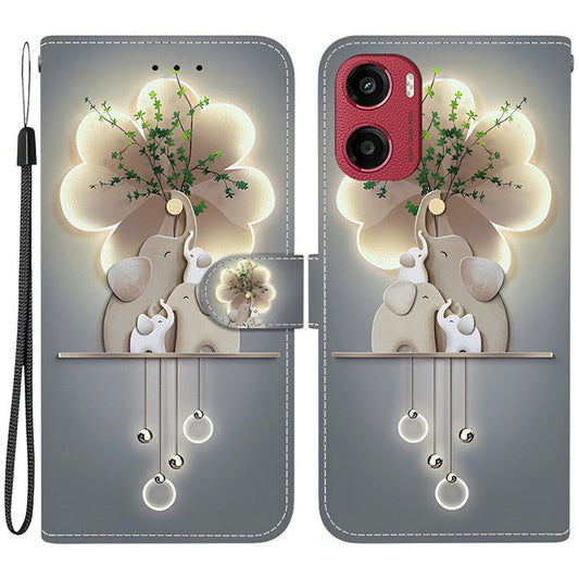 For Motorola Moto G05 4G  /  E15 4G Case Pattern Printing Anti-Drop Leather Flip Wallet Phone Cover with Lanyard - Three Elephants