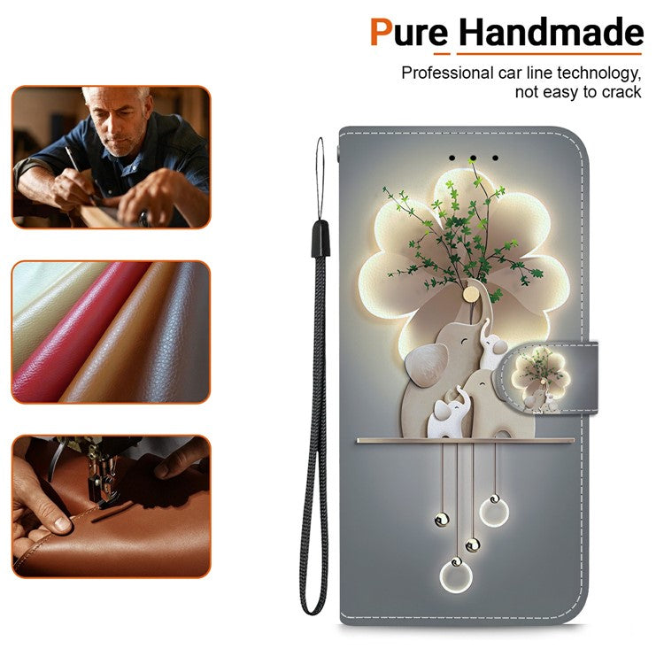 For Motorola Moto G05 4G  /  E15 4G Case Pattern Printing Anti-Drop Leather Flip Wallet Phone Cover with Lanyard - Three Elephants