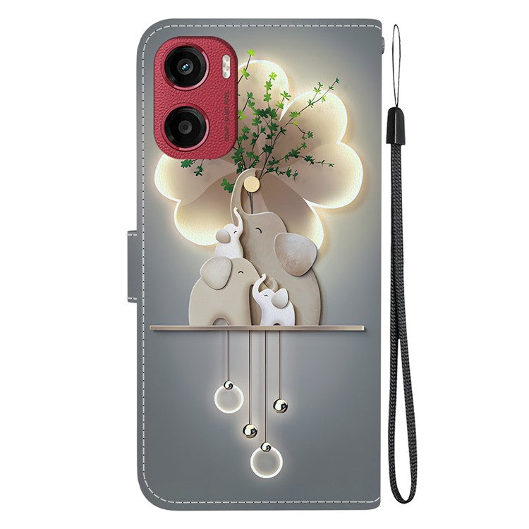 For Motorola Moto G05 4G  /  E15 4G Case Pattern Printing Anti-Drop Leather Flip Wallet Phone Cover with Lanyard - Three Elephants