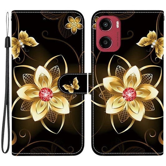 For Motorola Moto G05 4G  /  E15 4G Case Pattern Printing Anti-Drop Leather Flip Wallet Phone Cover with Lanyard - Golden Flower