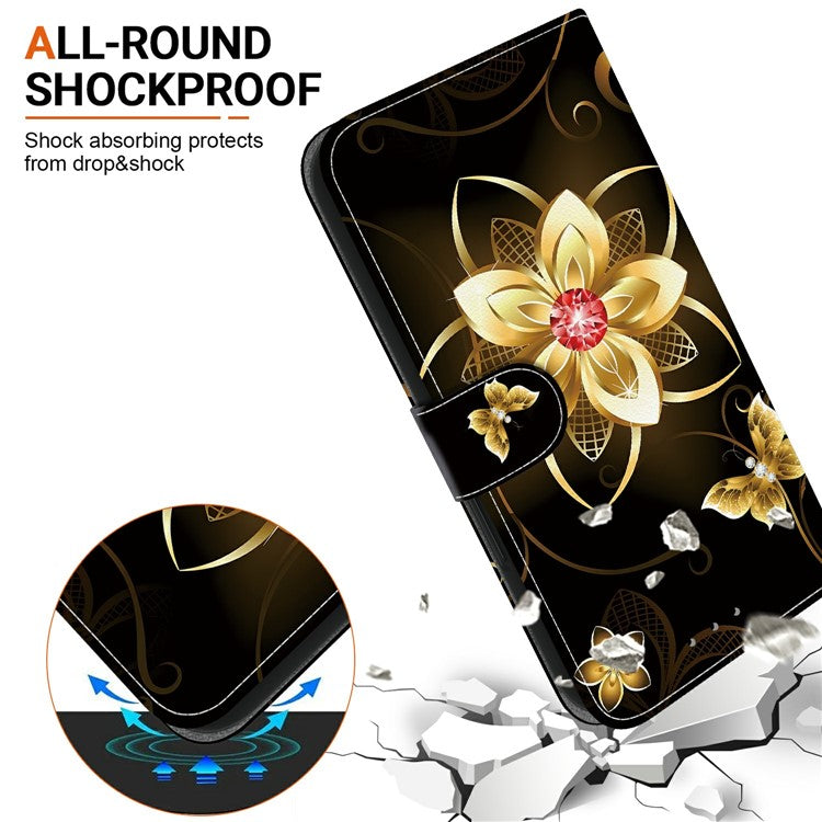 For Motorola Moto G05 4G  /  E15 4G Case Pattern Printing Anti-Drop Leather Flip Wallet Phone Cover with Lanyard - Golden Flower