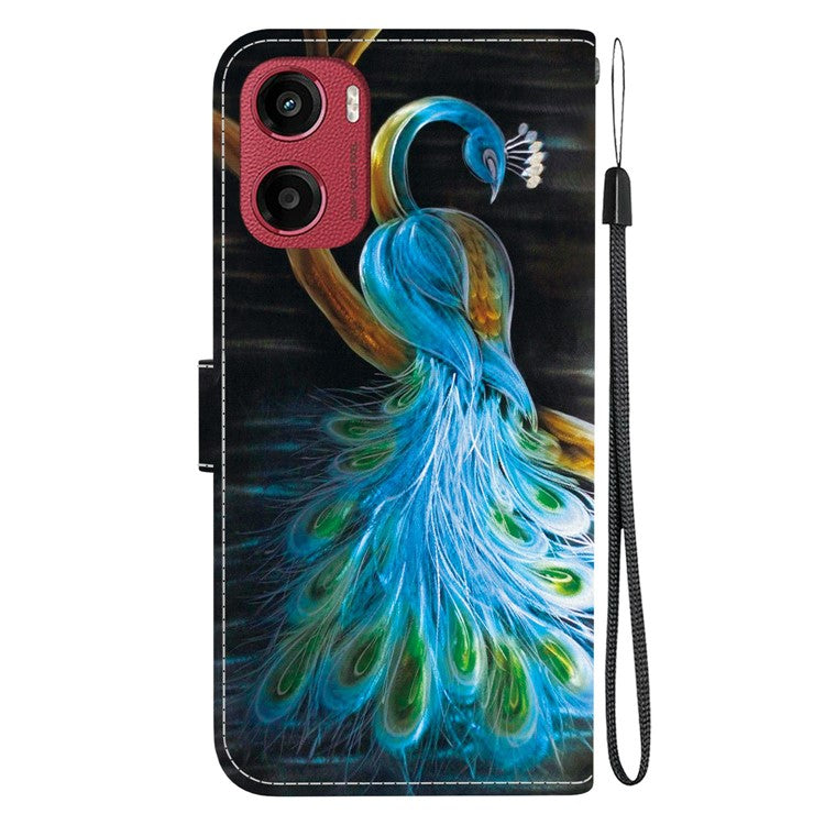 For Motorola Moto G05 4G  /  E15 4G Case Pattern Printing Anti-Drop Leather Flip Wallet Phone Cover with Lanyard - Peacock
