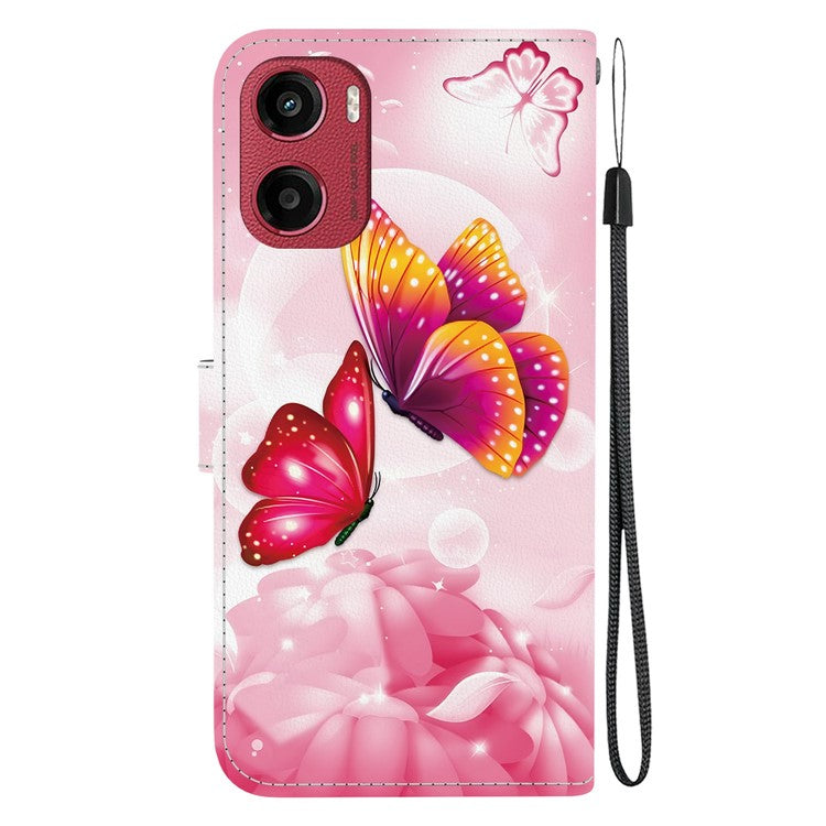 For Motorola Moto G05 4G  /  E15 4G Case Pattern Printing Anti-Drop Leather Flip Wallet Phone Cover with Lanyard - Pink Butterfly