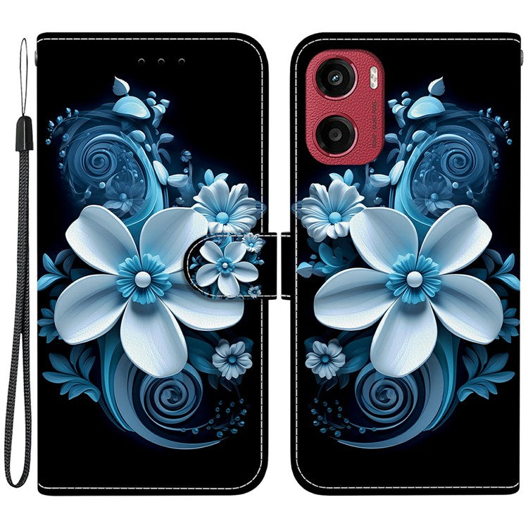 For Motorola Moto G05 4G  /  E15 4G Case Pattern Printing Anti-Drop Leather Flip Wallet Phone Cover with Lanyard - Black Orchid