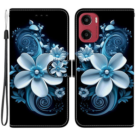 For Motorola Moto G05 4G  /  E15 4G Case Pattern Printing Anti-Drop Leather Flip Wallet Phone Cover with Lanyard - Black Orchid