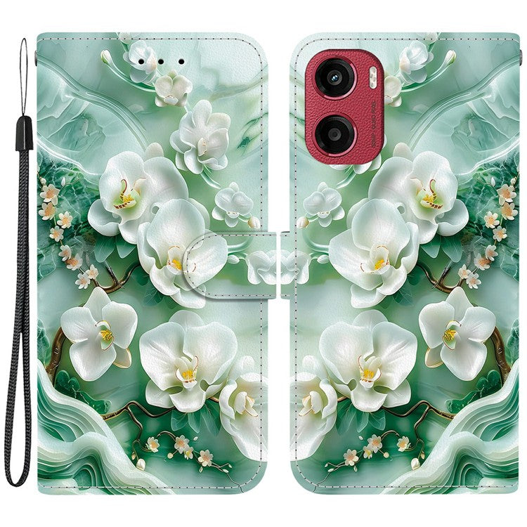 For Motorola Moto G05 4G  /  E15 4G Case Pattern Printing Anti-Drop Leather Flip Wallet Phone Cover with Lanyard - Jade Flower