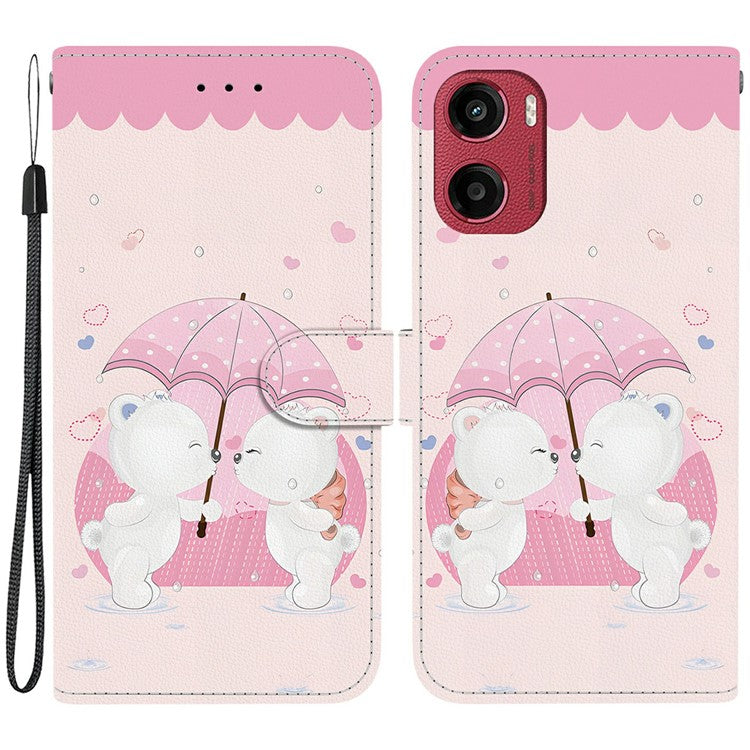 For Motorola Moto G05 4G  /  E15 4G Case Pattern Printing Anti-Drop Leather Flip Wallet Phone Cover with Lanyard - Cartoon Couple Bear
