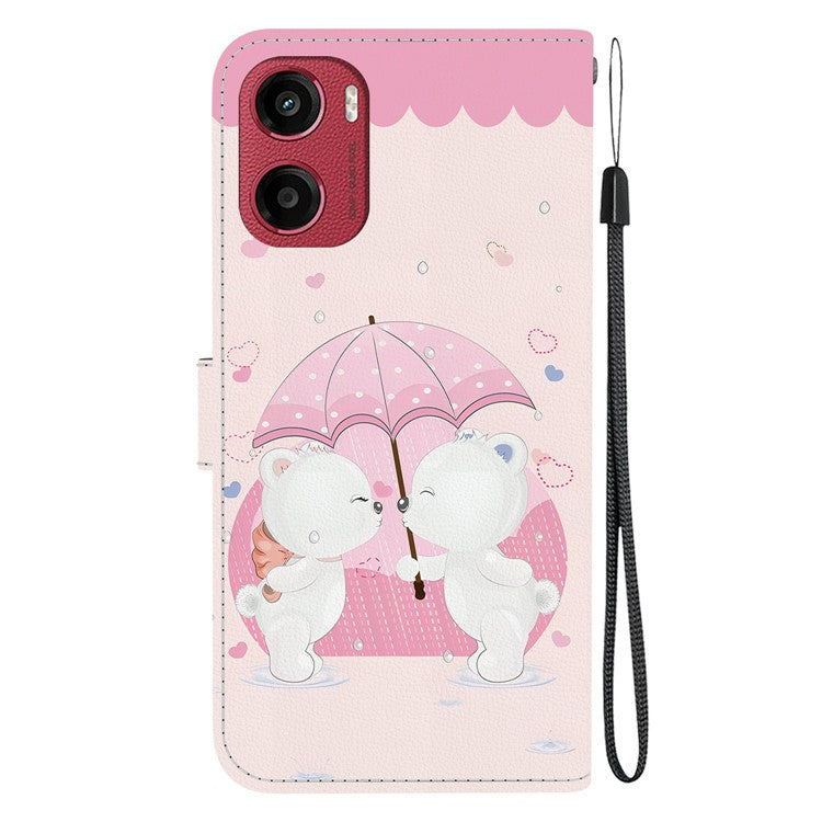For Motorola Moto G05 4G  /  E15 4G Case Pattern Printing Anti-Drop Leather Flip Wallet Phone Cover with Lanyard - Cartoon Couple Bear