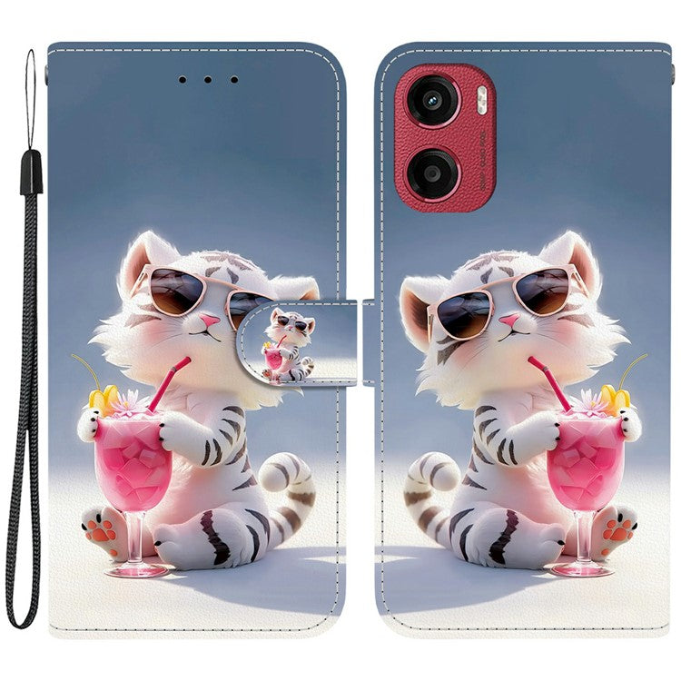 For Motorola Moto G05 4G  /  E15 4G Case Pattern Printing Anti-Drop Leather Flip Wallet Phone Cover with Lanyard - Cartoon Tiger