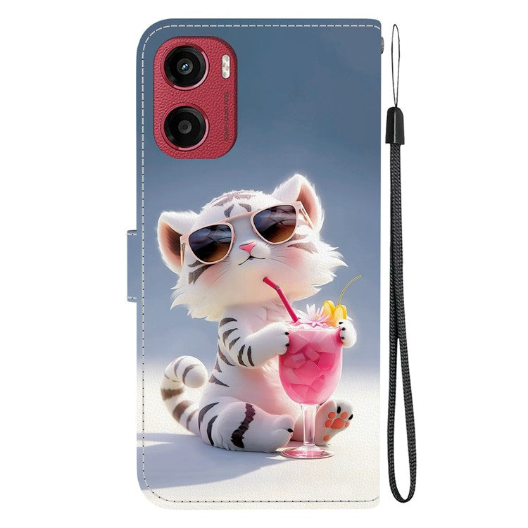 For Motorola Moto G05 4G  /  E15 4G Case Pattern Printing Anti-Drop Leather Flip Wallet Phone Cover with Lanyard - Cartoon Tiger