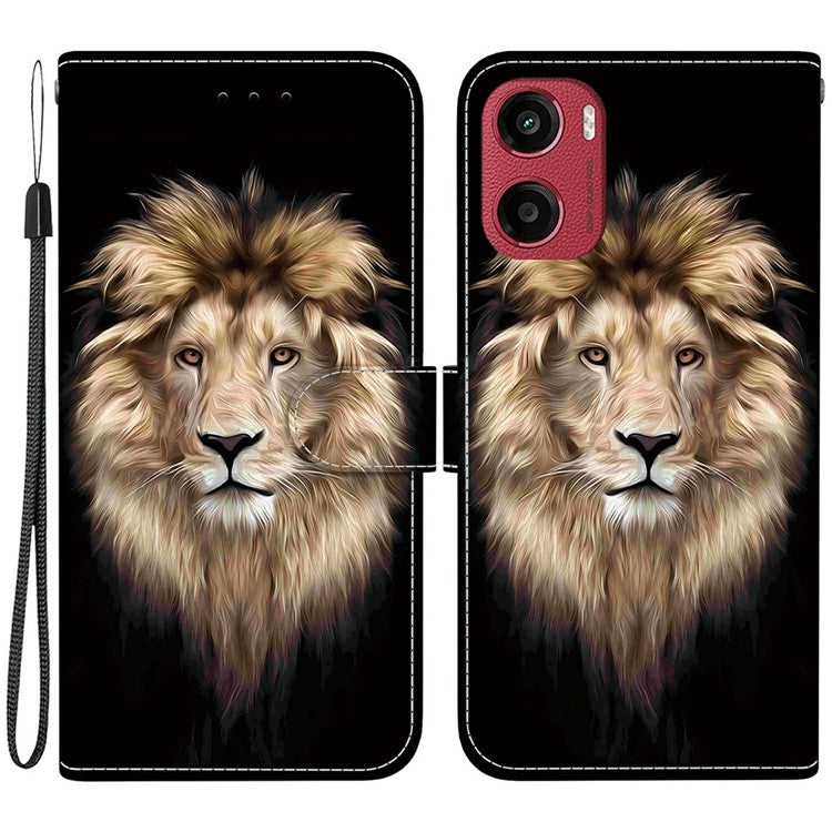For Motorola Moto G05 4G  /  E15 4G Case Pattern Printing Anti-Drop Leather Flip Wallet Phone Cover with Lanyard - Lion Head