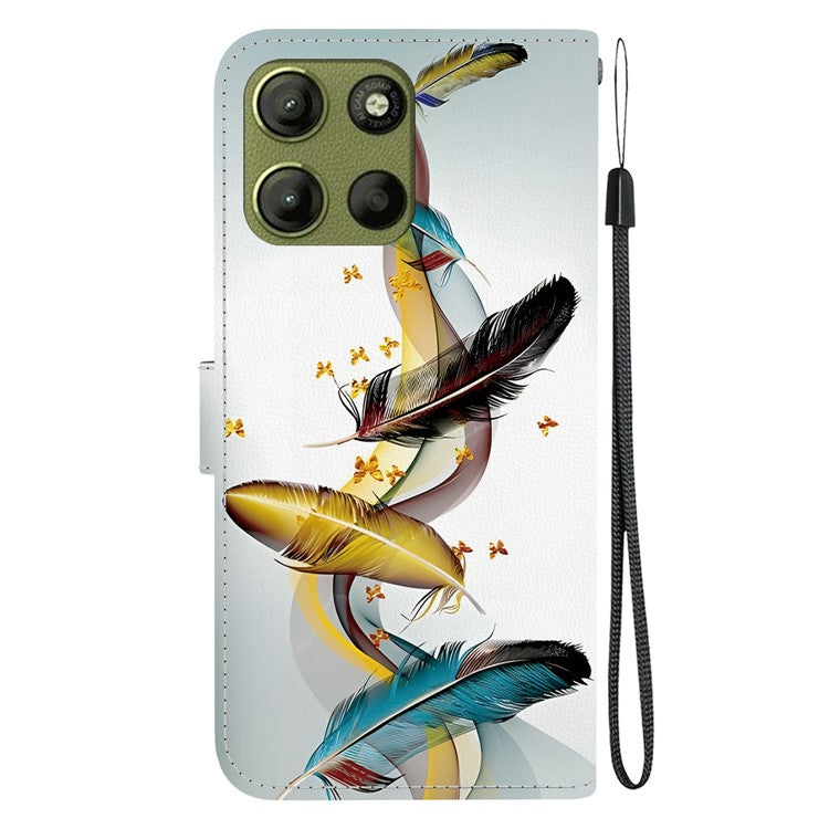 For Motorola Moto G15 4G Case Pattern Printing Anti Drop Leather Flip Wallet Phone Cover with Lanyard - Golden Butterfly Feather