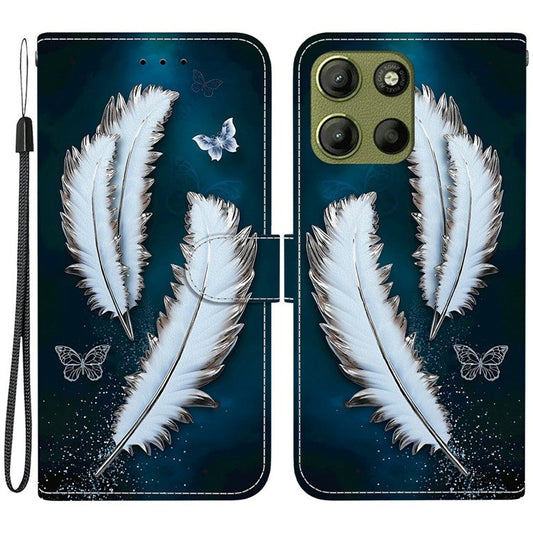 For Motorola Moto G15 4G Case Pattern Printing Anti Drop Leather Flip Wallet Phone Cover with Lanyard - White Butterfly Feather