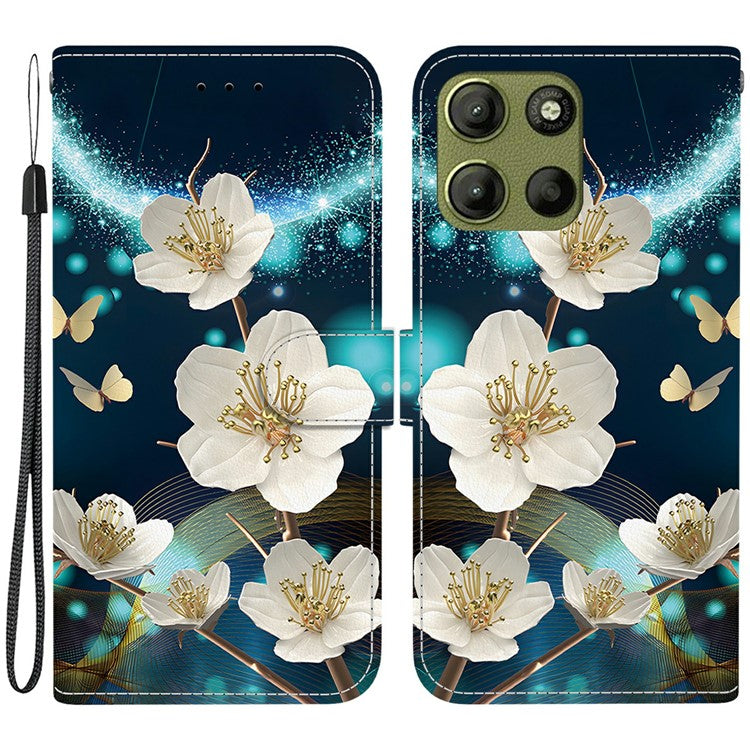 For Motorola Moto G15 4G Case Pattern Printing Anti Drop Leather Flip Wallet Phone Cover with Lanyard - Magnolia