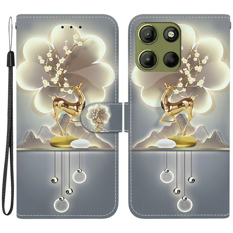 For Motorola Moto G15 4G Case Pattern Printing Anti Drop Leather Flip Wallet Phone Cover with Lanyard - Sika Deer